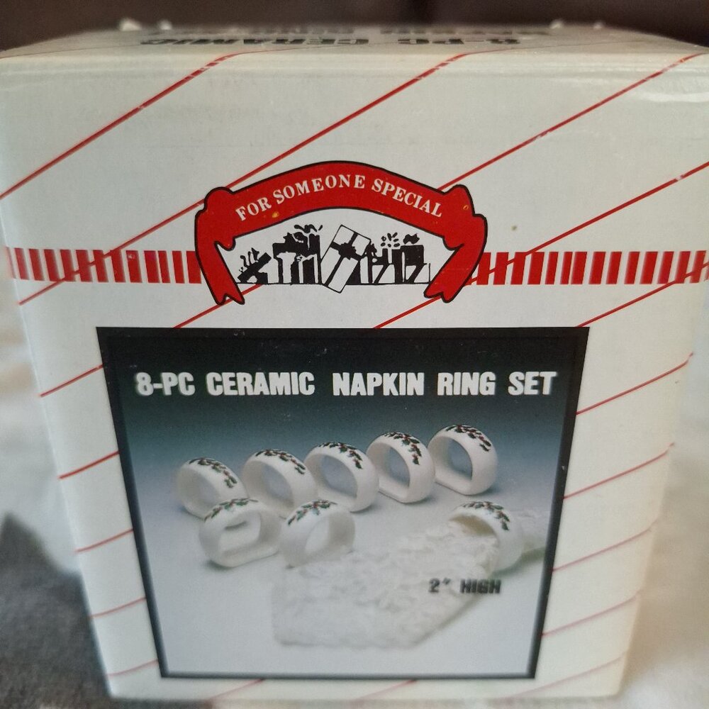 Vintage Holiday Ceramic Napkin Rings Set Of 8 Holly Berry Made In Taiwan‎